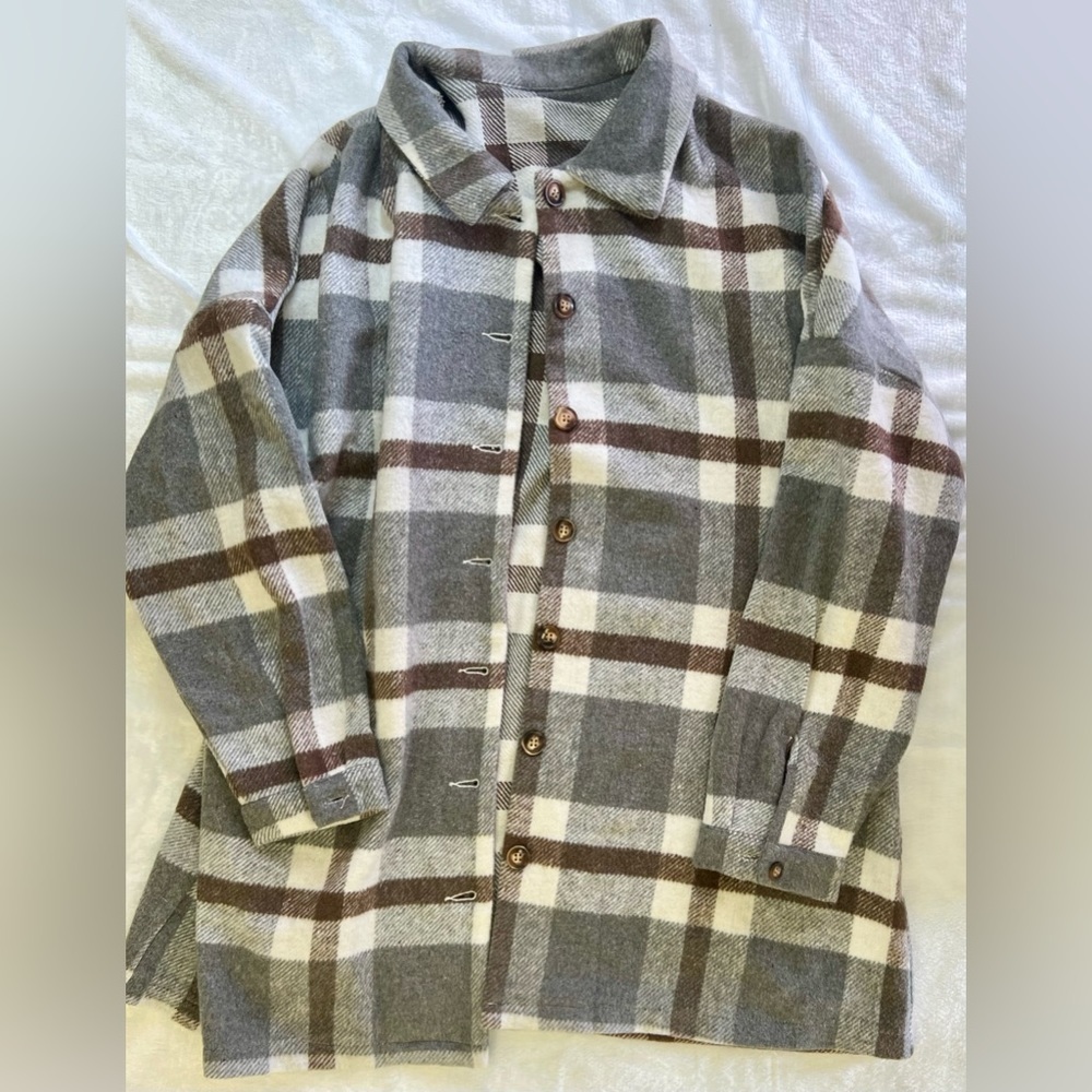 Gray Brown Plaid Flannel Shacket Sz XL EUC